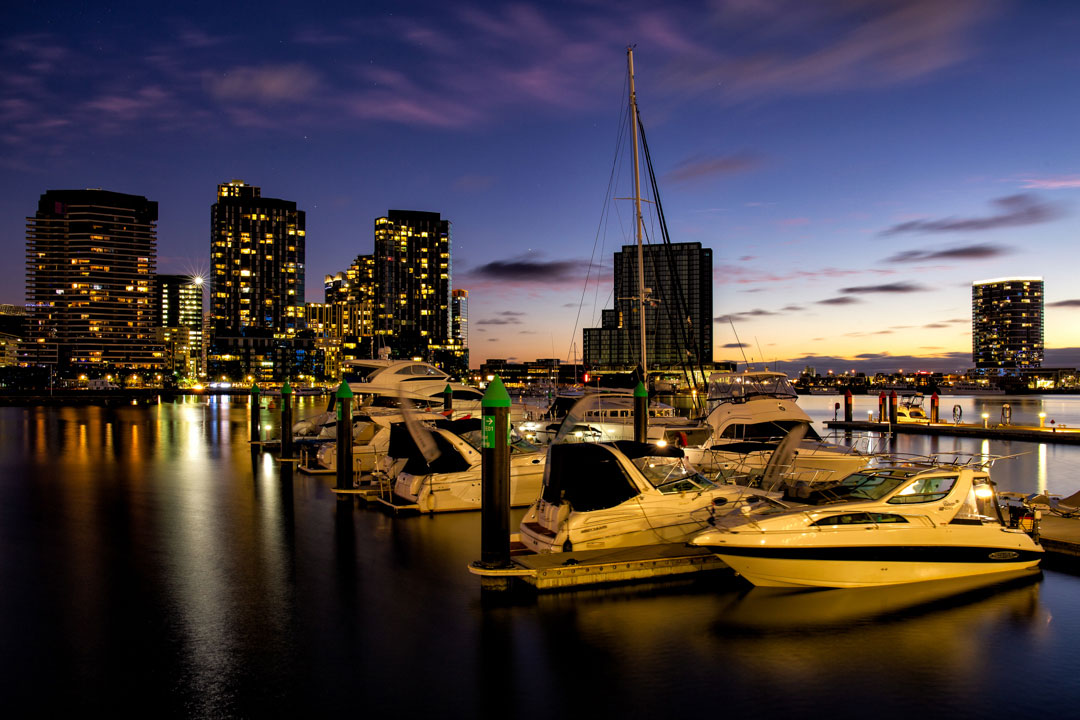 Yachts at night in Dockland